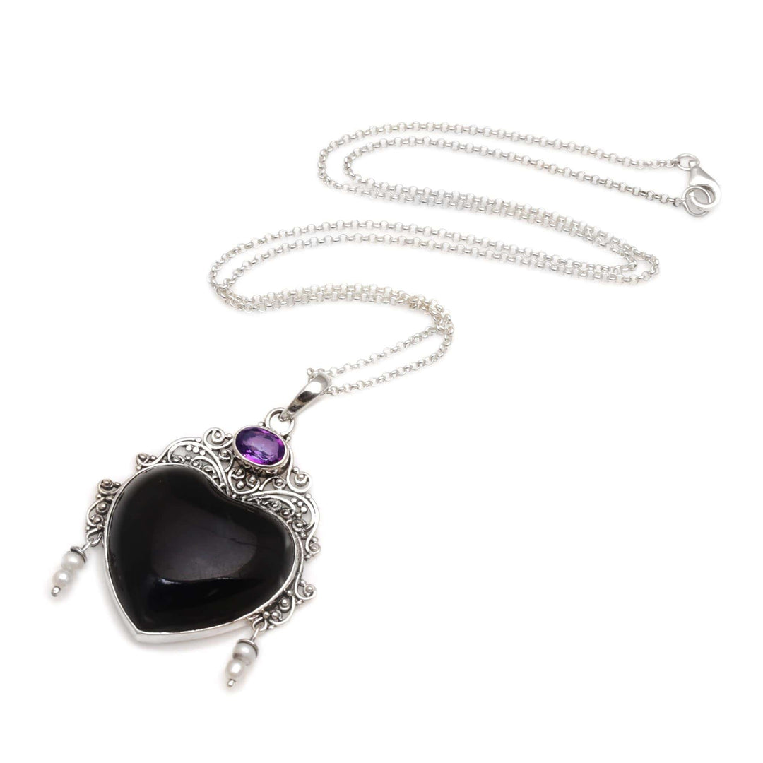 Amethyst Cultured Pearl Silver Black Bone Heart Necklace - Love Like Midnight