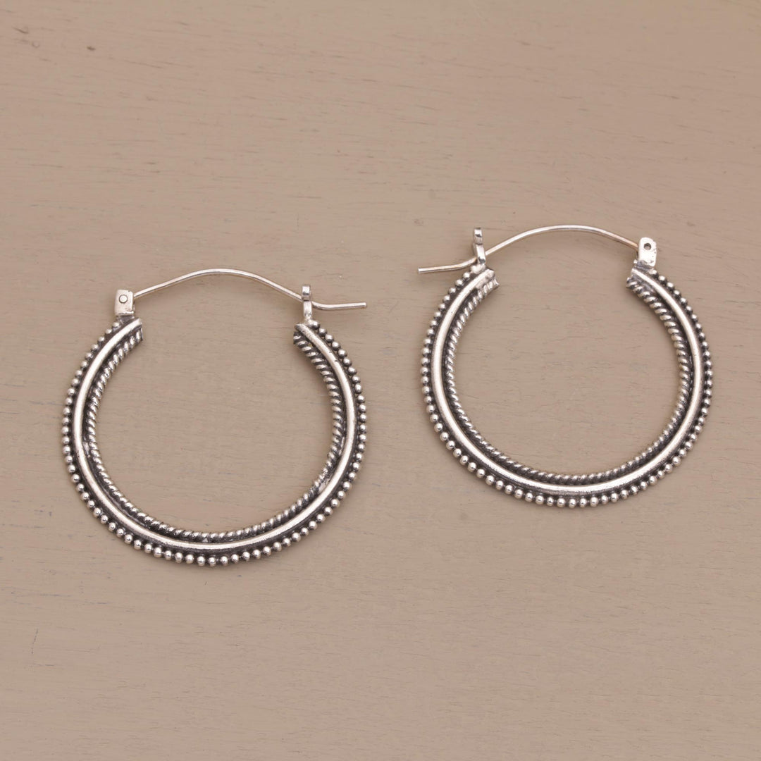 Sterling Silver Hoop Earrings with Textured Details (1.4 In) - On Rotation