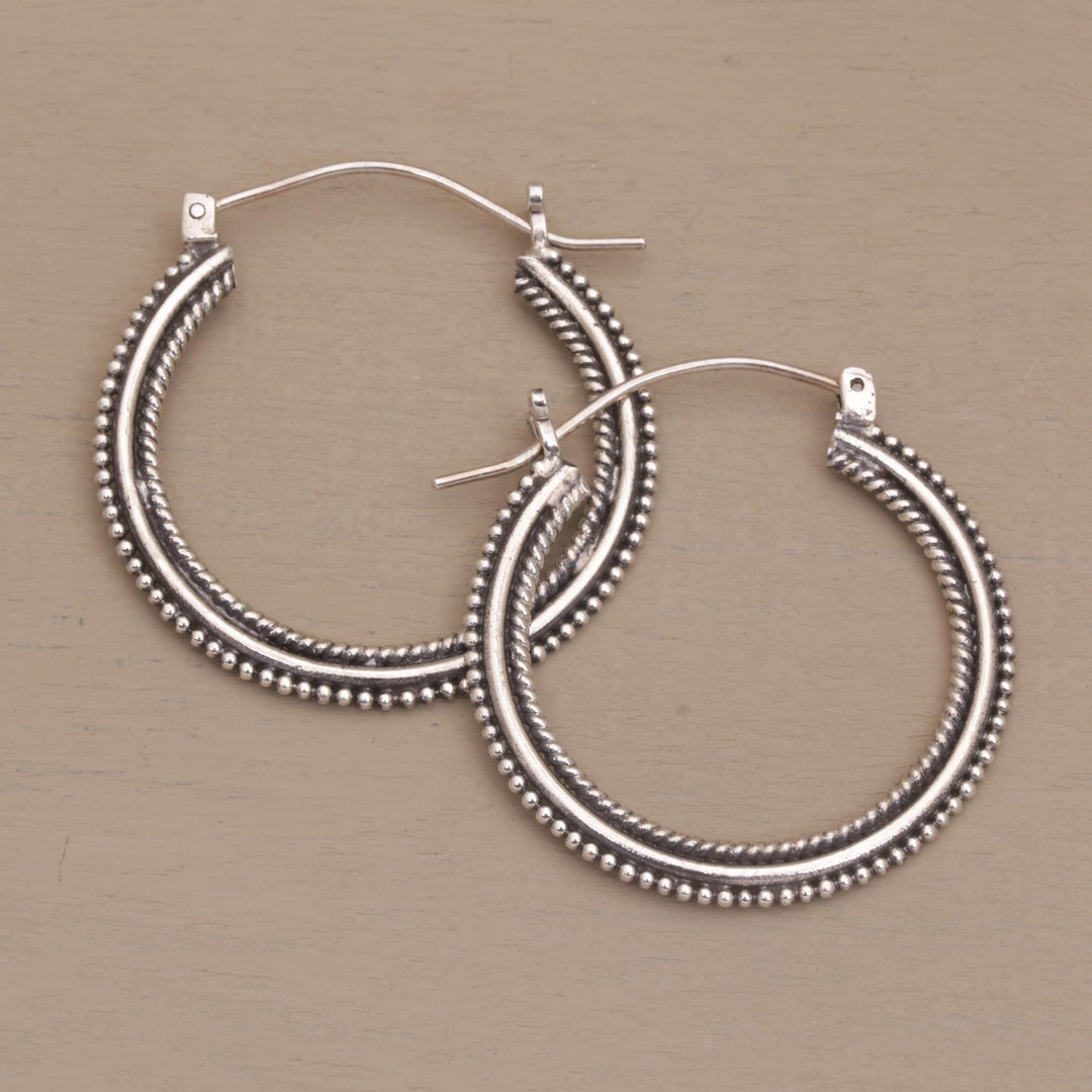 Sterling Silver Hoop Earrings with Textured Details (1.4 In) - On Rotation