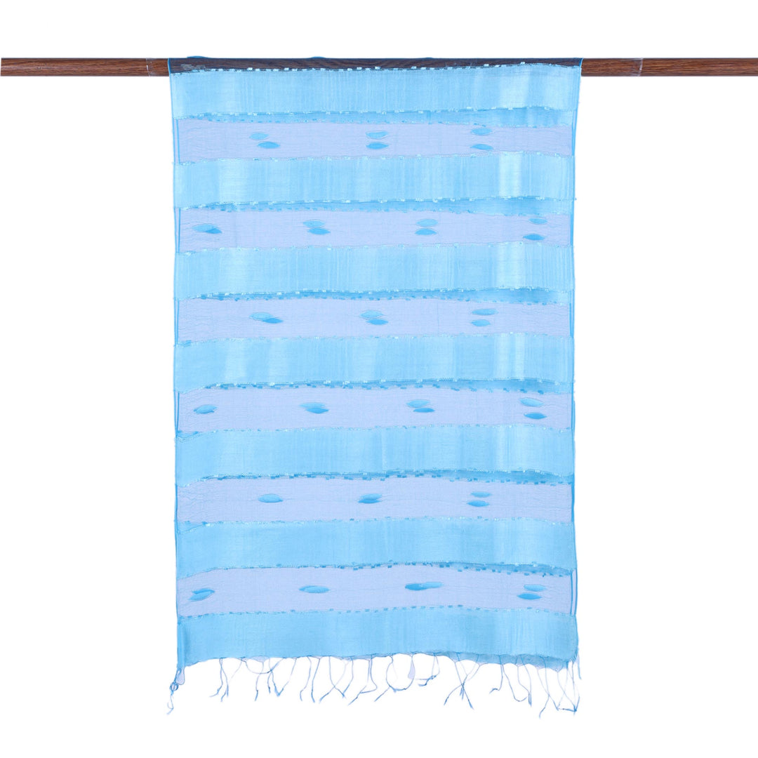 Sky Blue 100% Silk Shawl with Sheer Accents - Sheer Illusion in Blue