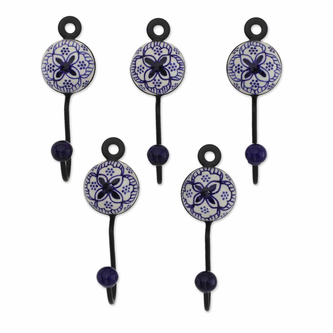 Five Hand-Painted Ceramic and Brass Coat Hooks from India - Charming Petals