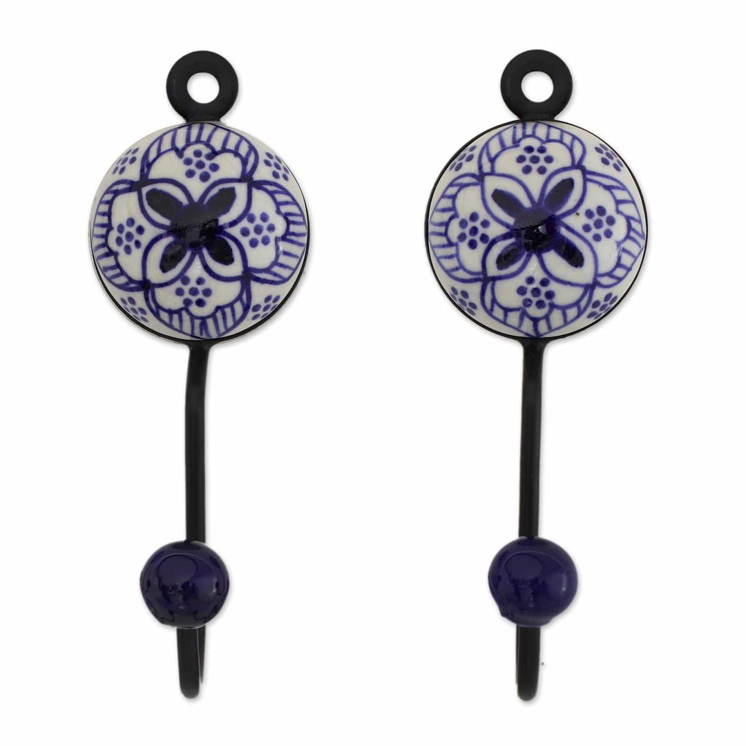 Five Hand-Painted Ceramic and Brass Coat Hooks from India - Charming Petals