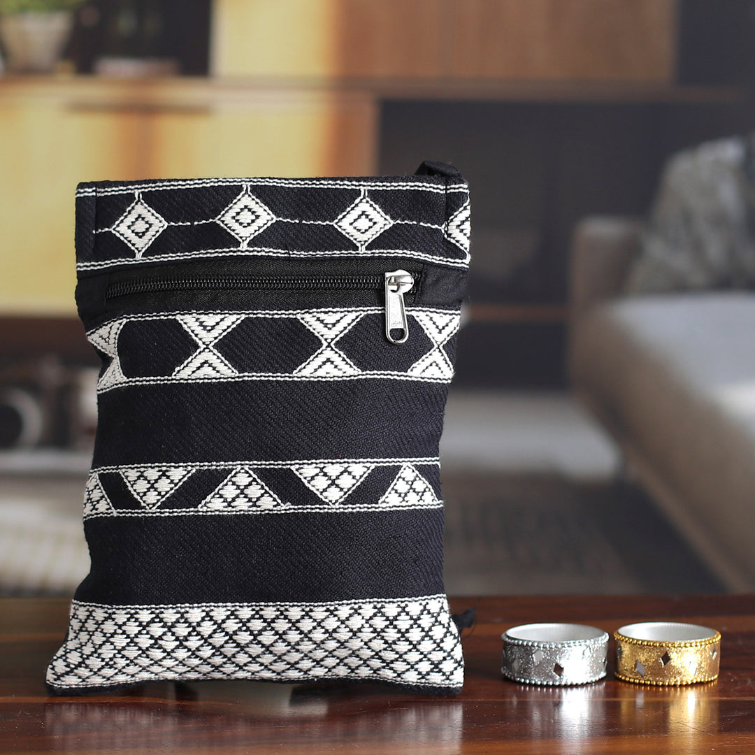 Hand Woven Black and White Cotton Sling Bag - Rajasthani Roads