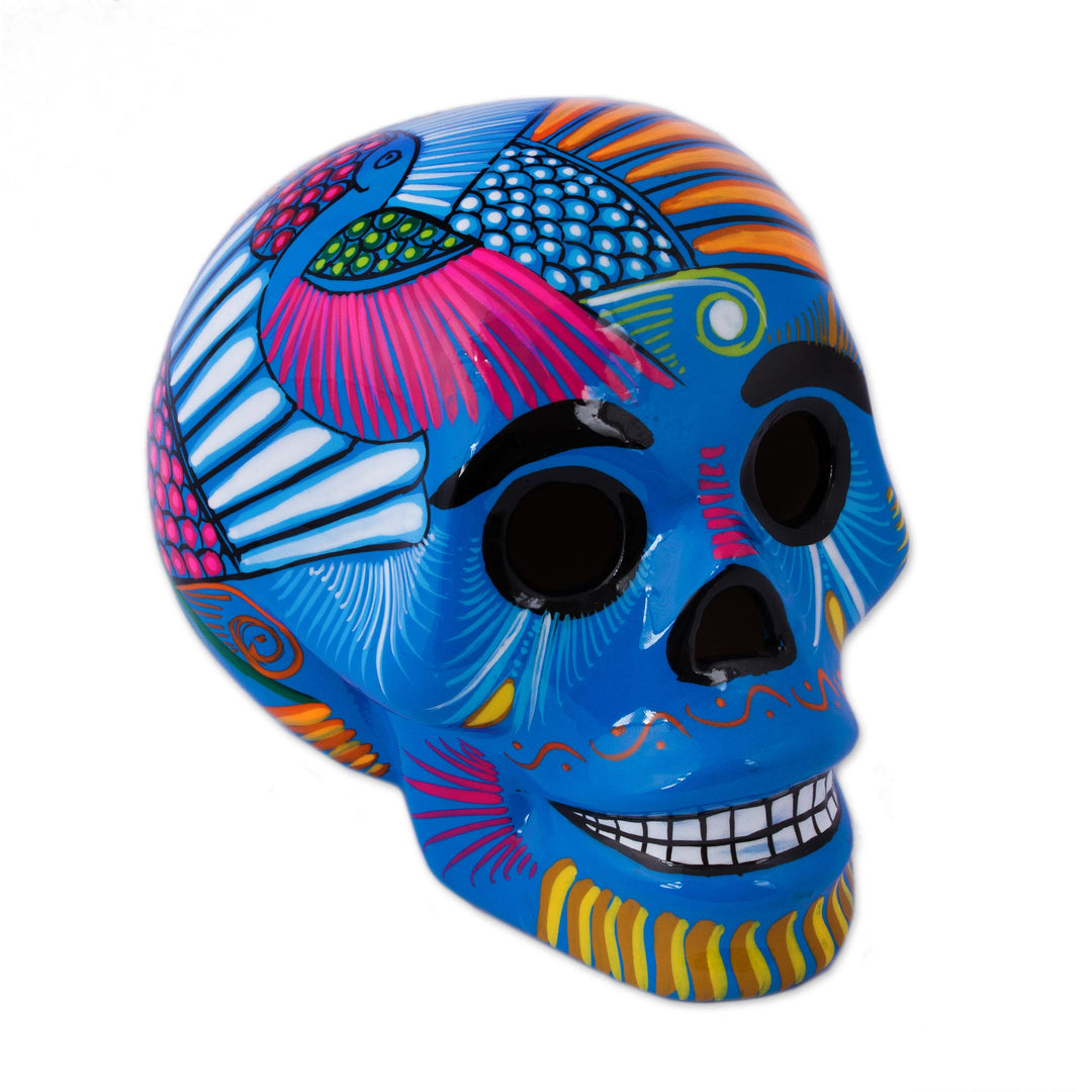 Mexican Hand Painted Blue Decorative Ceramic Skull - Colorful Death
