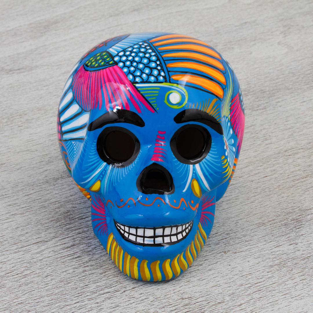 Mexican Hand Painted Blue Decorative Ceramic Skull - Colorful Death