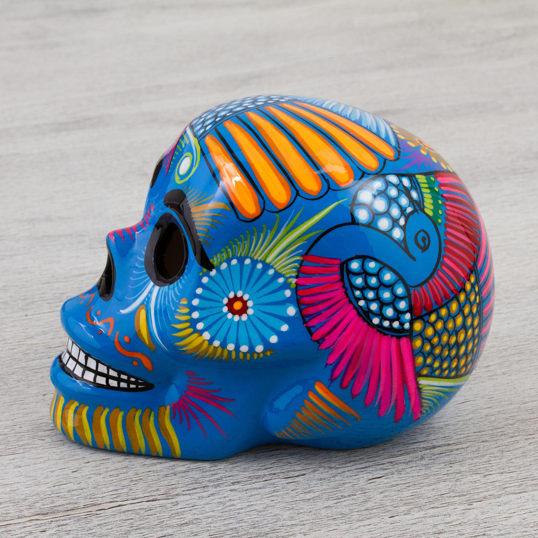 Mexican Hand Painted Blue Decorative Ceramic Skull - Colorful Death