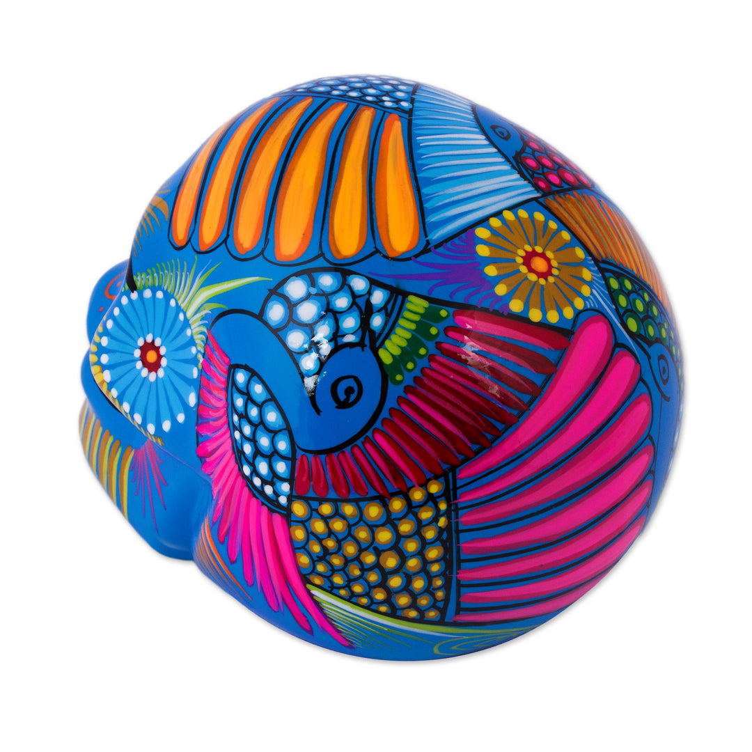 Mexican Hand Painted Blue Decorative Ceramic Skull - Colorful Death