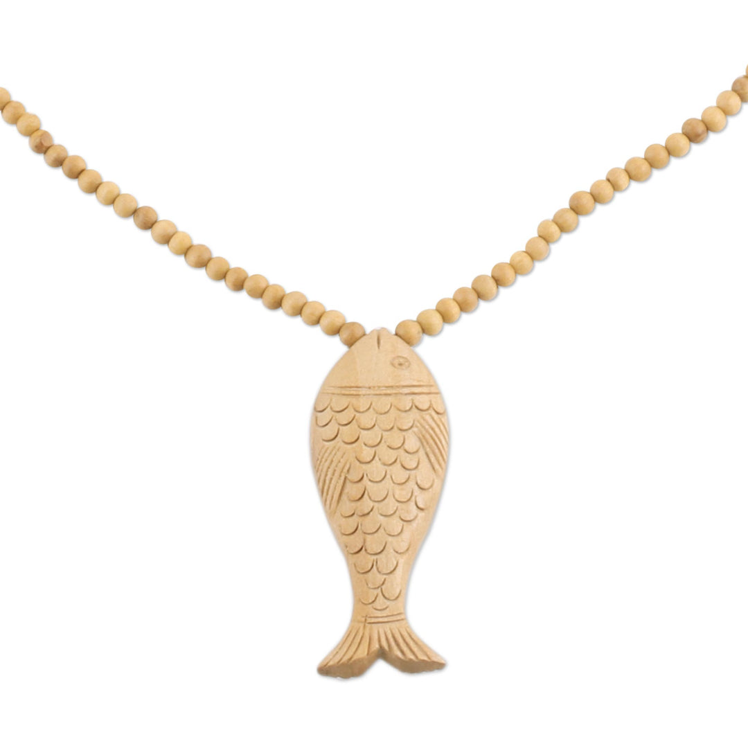 Unisex Fish Pendant Necklace Carved from Wood - Swimming Carp