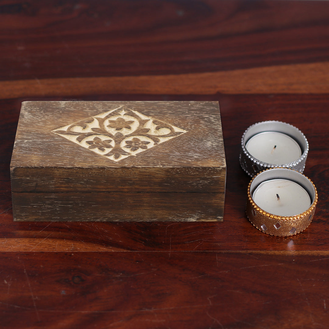 Handcrafted Floral Mango Wood Decorative Box from India - Blossoming Rhombus