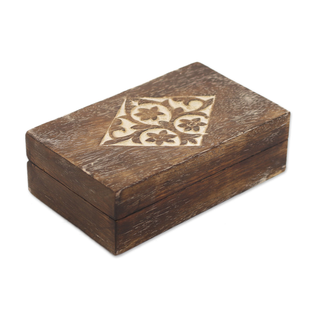 Handcrafted Floral Mango Wood Decorative Box from India - Blossoming Rhombus