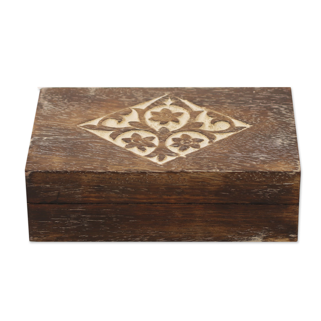 Handcrafted Floral Mango Wood Decorative Box from India - Blossoming Rhombus