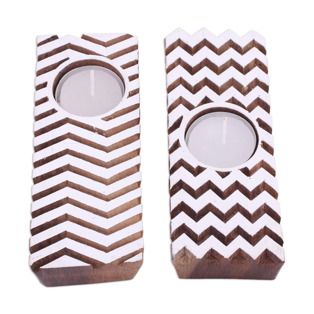 Hand Carved Wooden Tealight Candle Holders (Pair) - Zigzag Flair