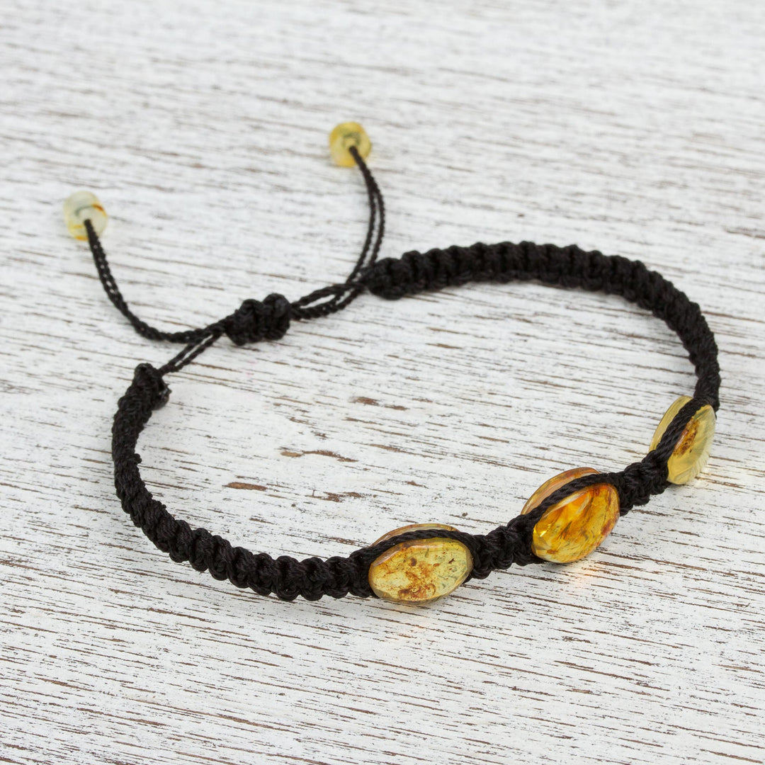 Braided Nylon Bracelet with Mexican Amber in Black - Amber Night