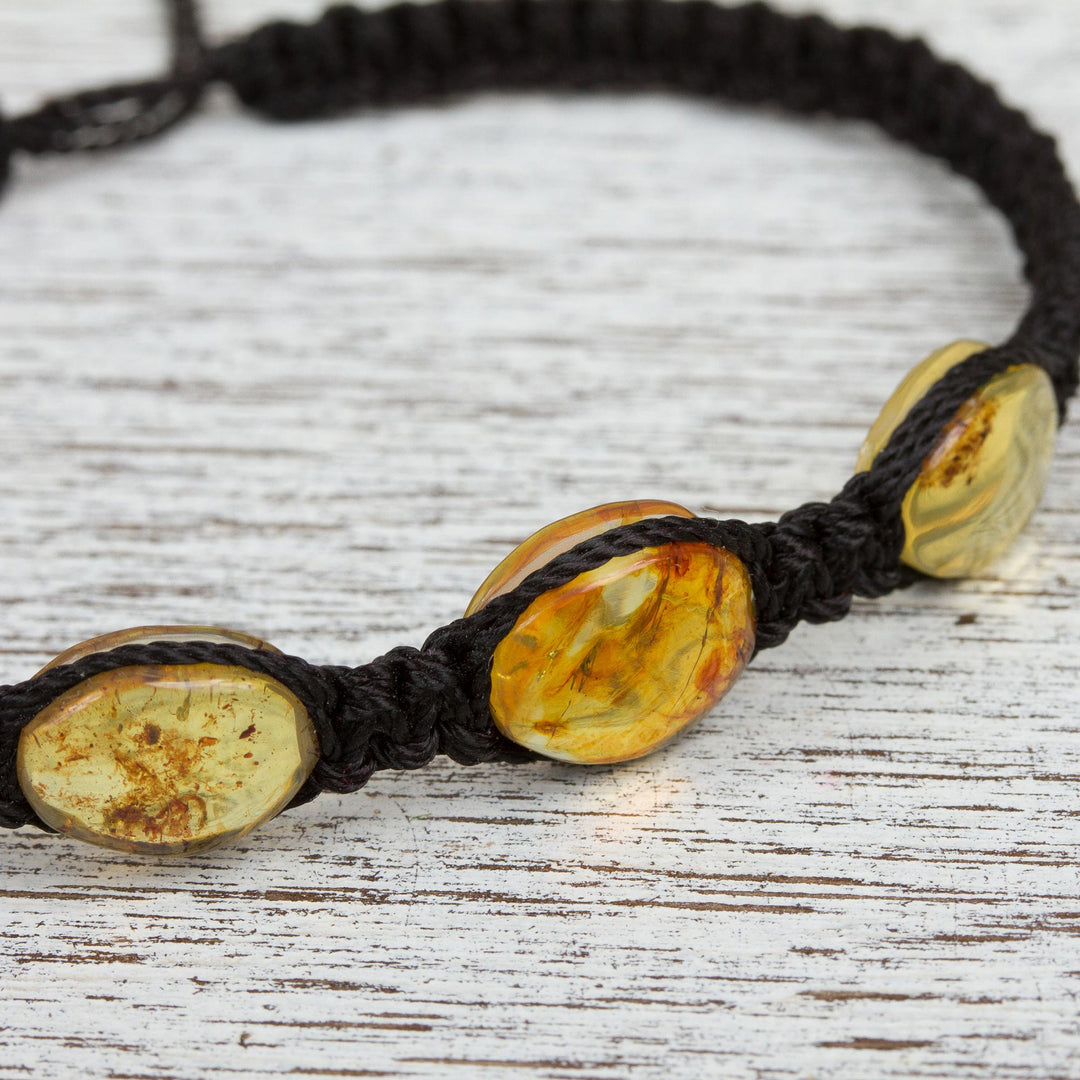 Braided Nylon Bracelet with Mexican Amber in Black - Amber Night
