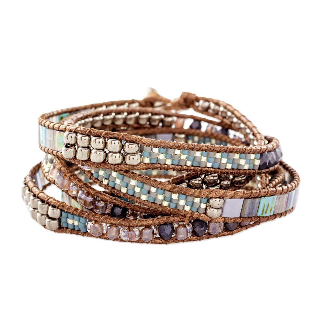 Turquoise and Beige Guatemalan Glass Beaded Wrap Bracelet - Beachcomber