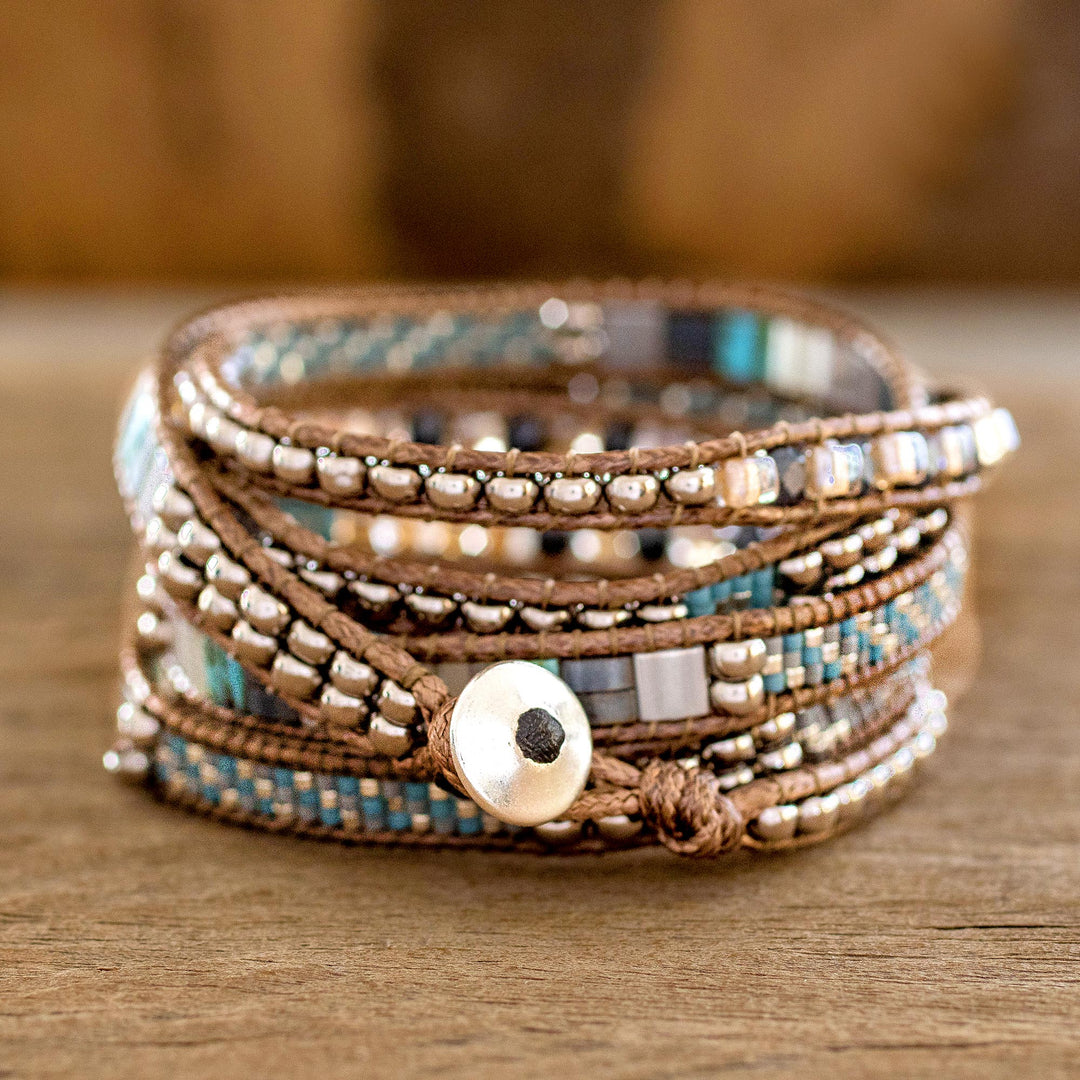 Turquoise and Beige Guatemalan Glass Beaded Wrap Bracelet - Beachcomber