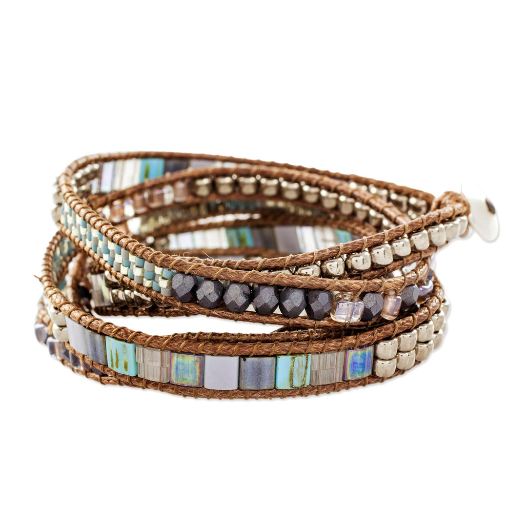 Turquoise and Beige Guatemalan Glass Beaded Wrap Bracelet - Beachcomber
