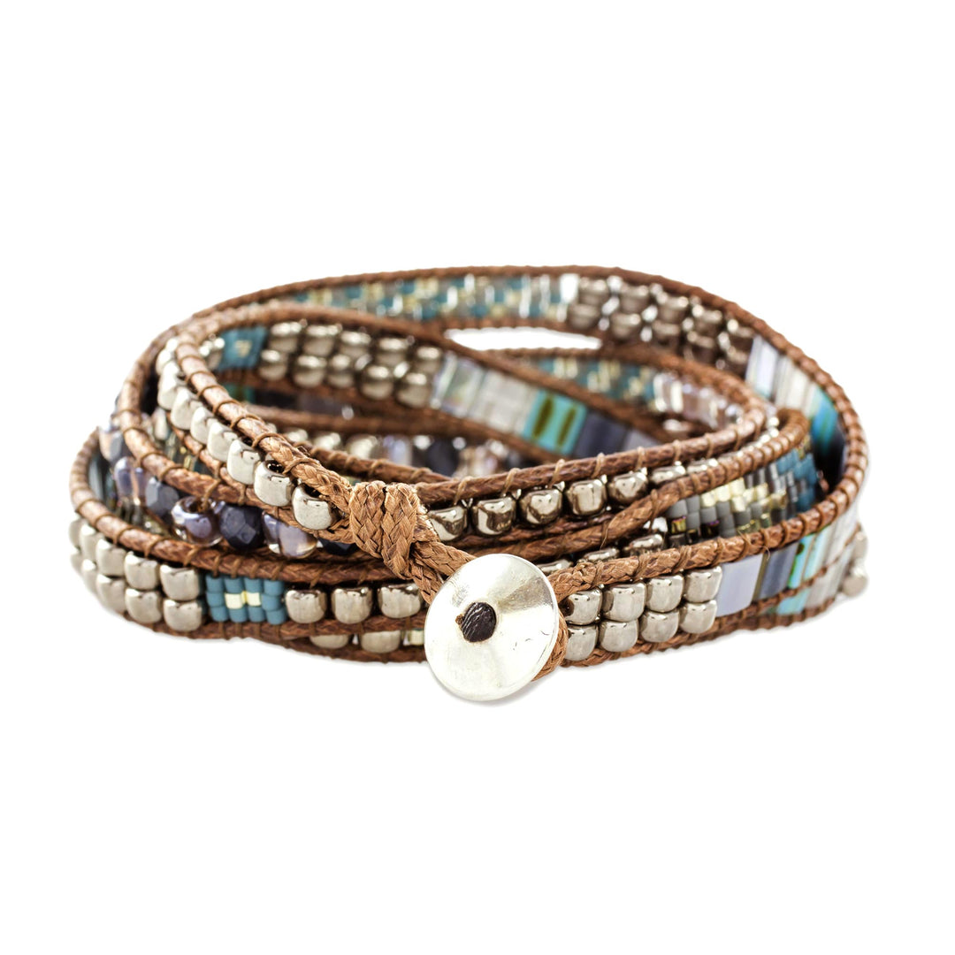 Turquoise and Beige Guatemalan Glass Beaded Wrap Bracelet - Beachcomber