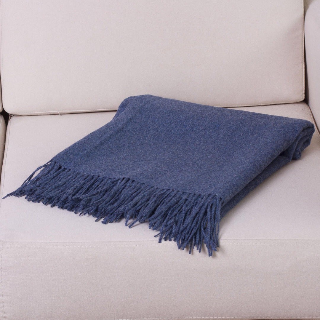 100% Baby Alpaca Throw Blanket in Solid Azure from Peru - Blissful Dream in Azure