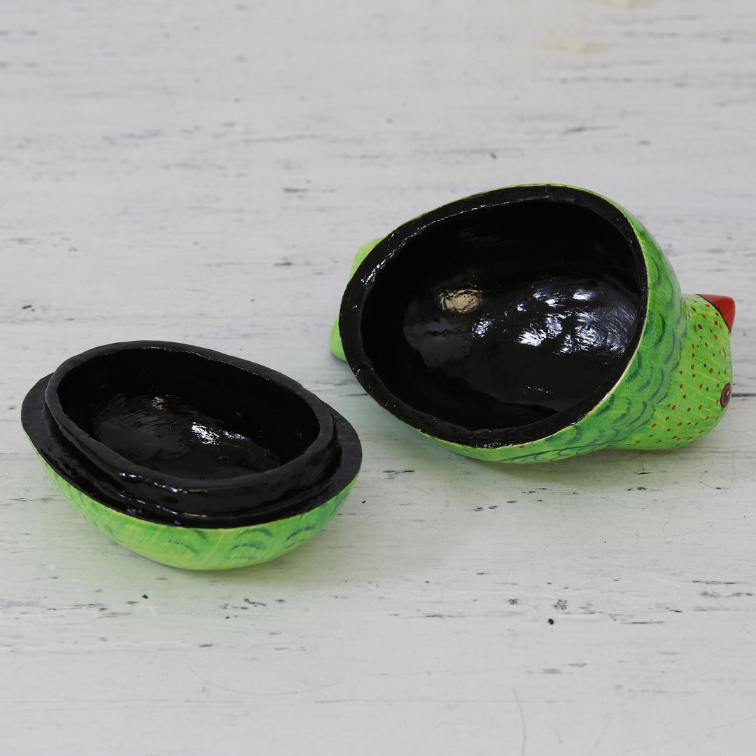 Green Papier Mache Parrot Keepsake Box from India - Pretty Parrot