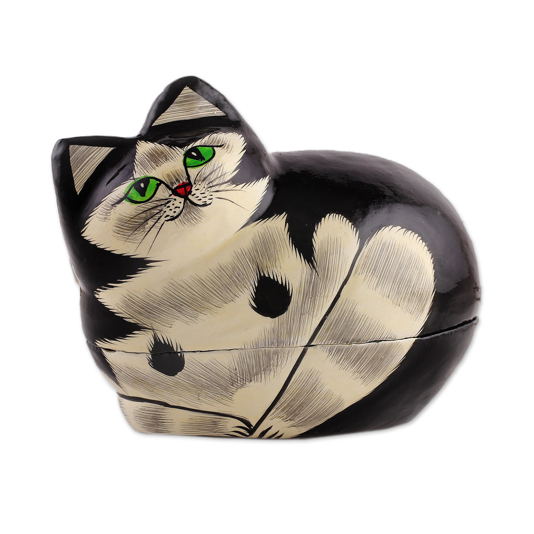 Hand-Painted Papier Mache Cat Decorative Box from India - Majestic Cat