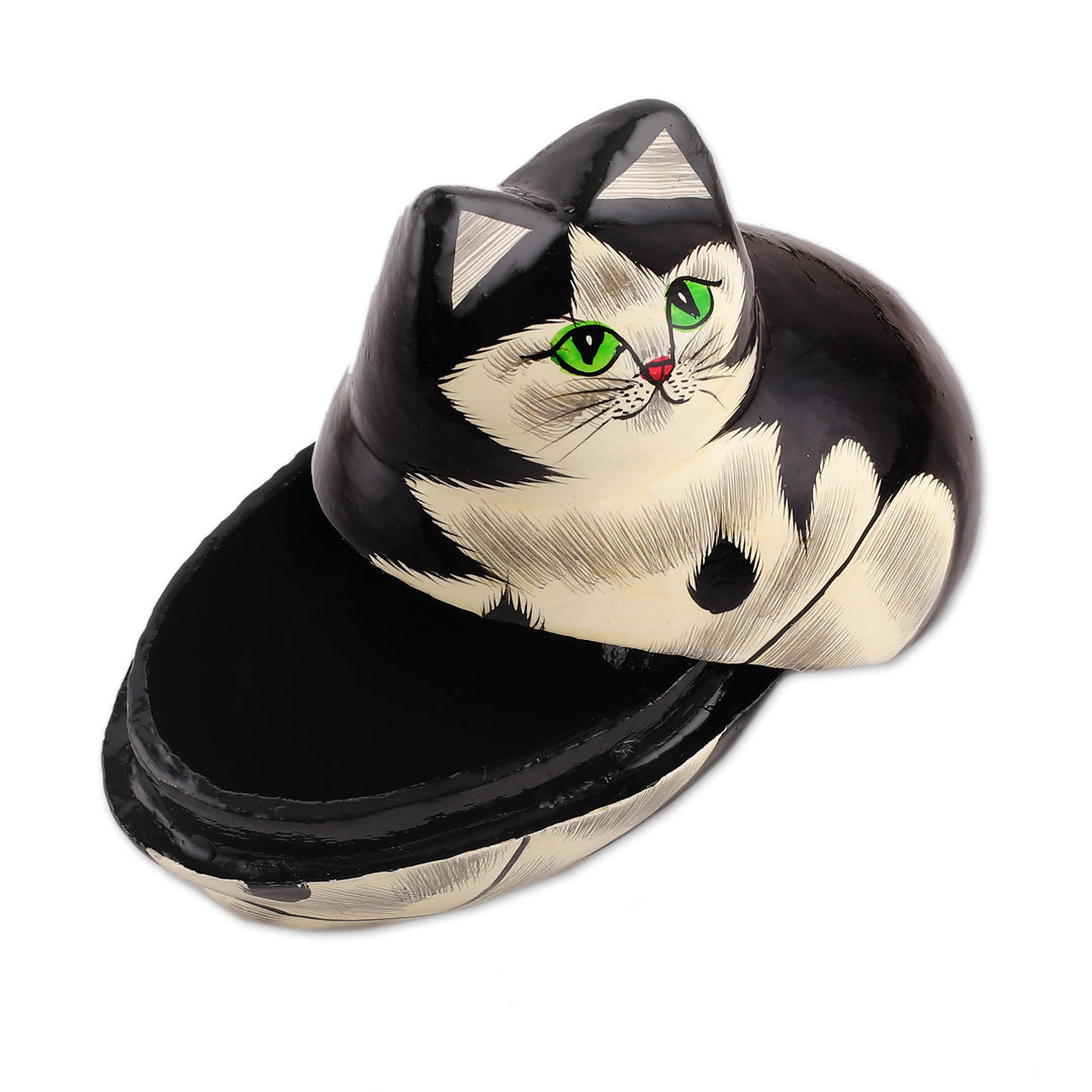 Hand-Painted Papier Mache Cat Decorative Box from India - Majestic Cat