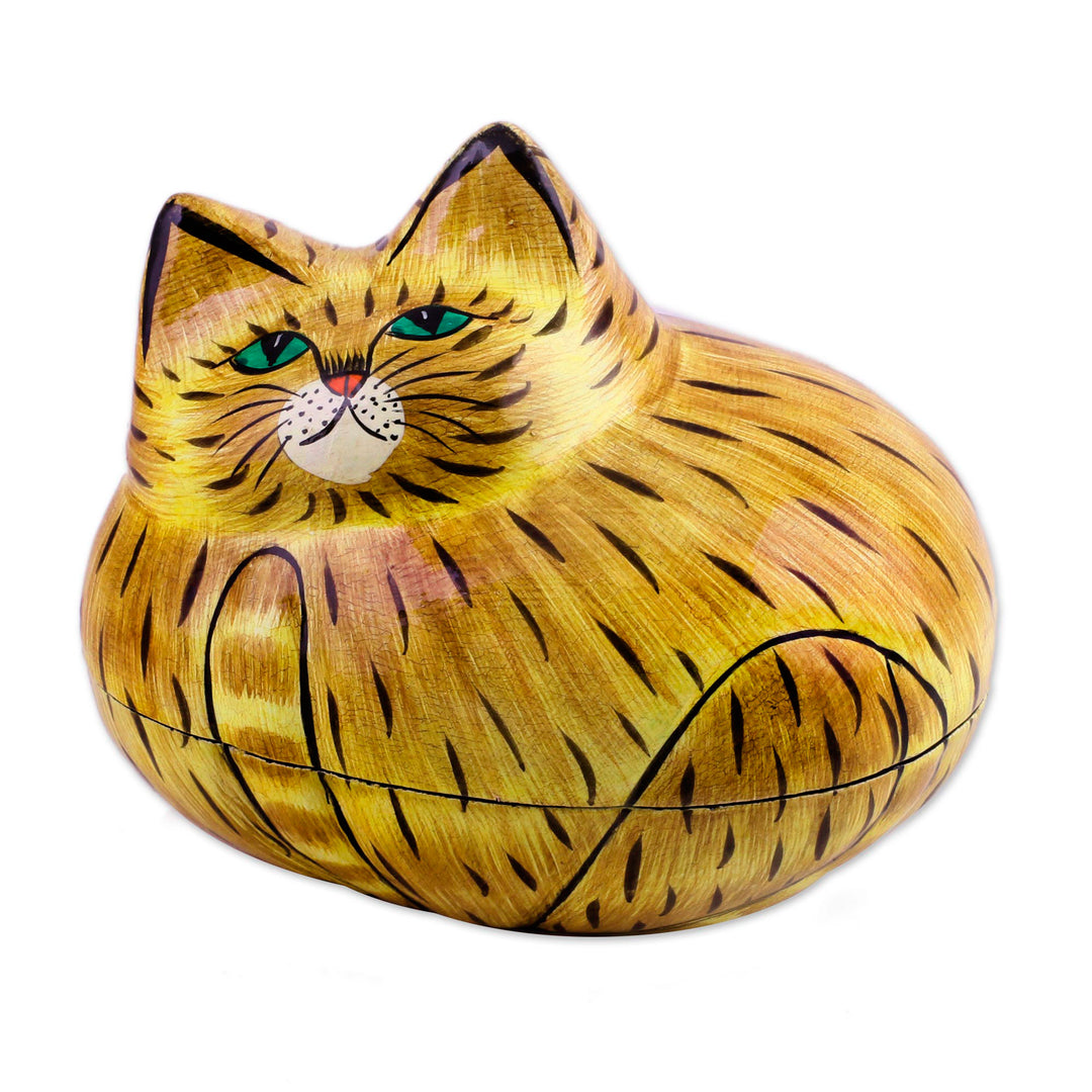 Brown Papier Mache Cat Decorative Box from India - Comfy Cat