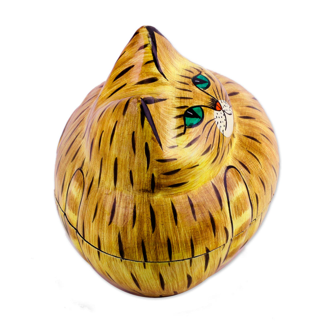 Brown Papier Mache Cat Decorative Box from India - Comfy Cat