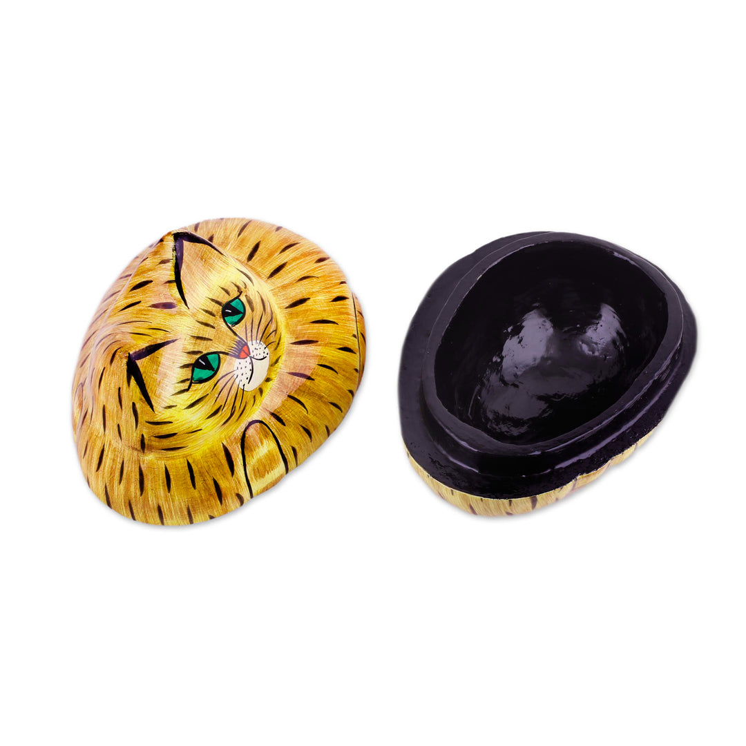 Brown Papier Mache Cat Decorative Box from India - Comfy Cat