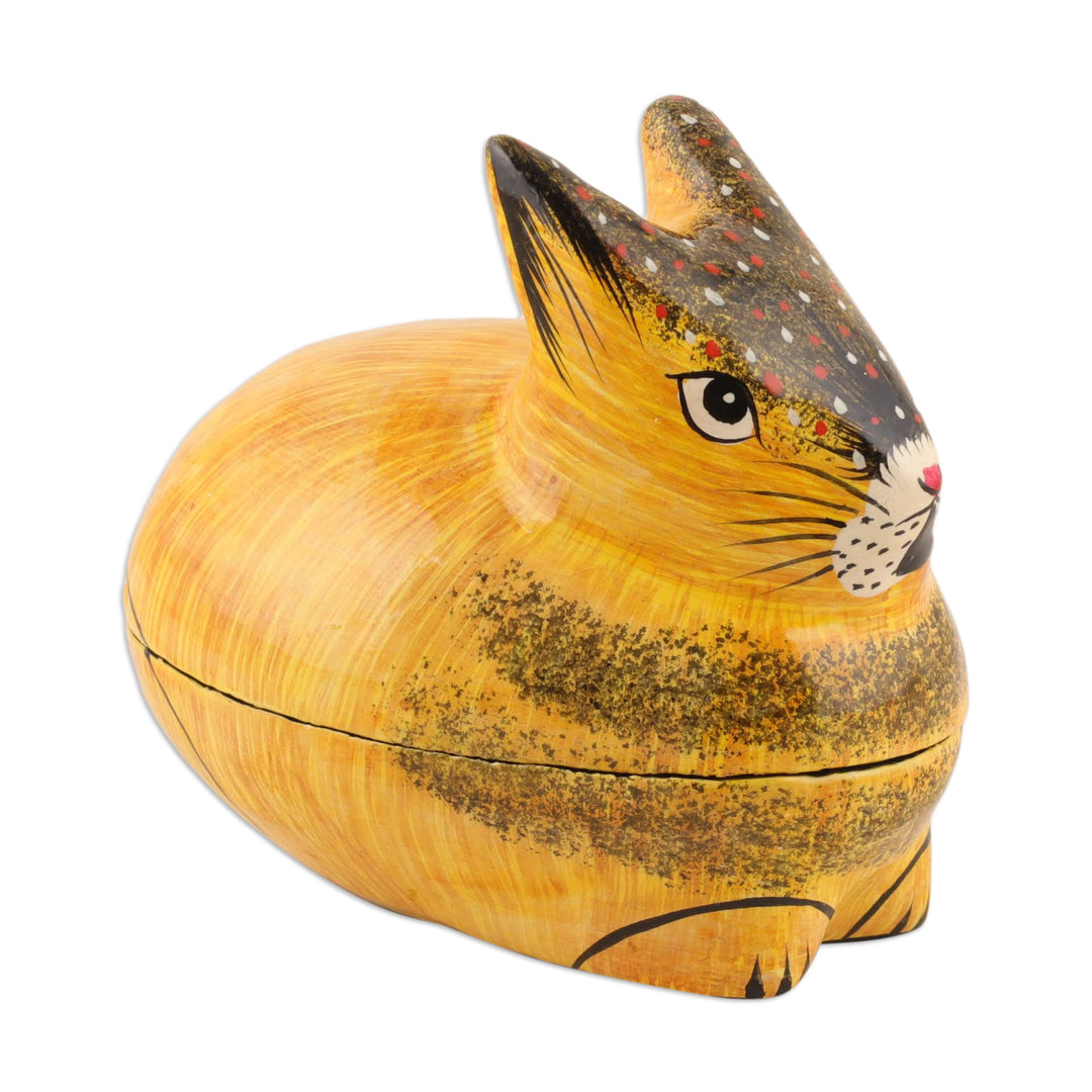 Hand-Painted Papier Mache Rabbit Decorative Box from India - Orange Rabbit