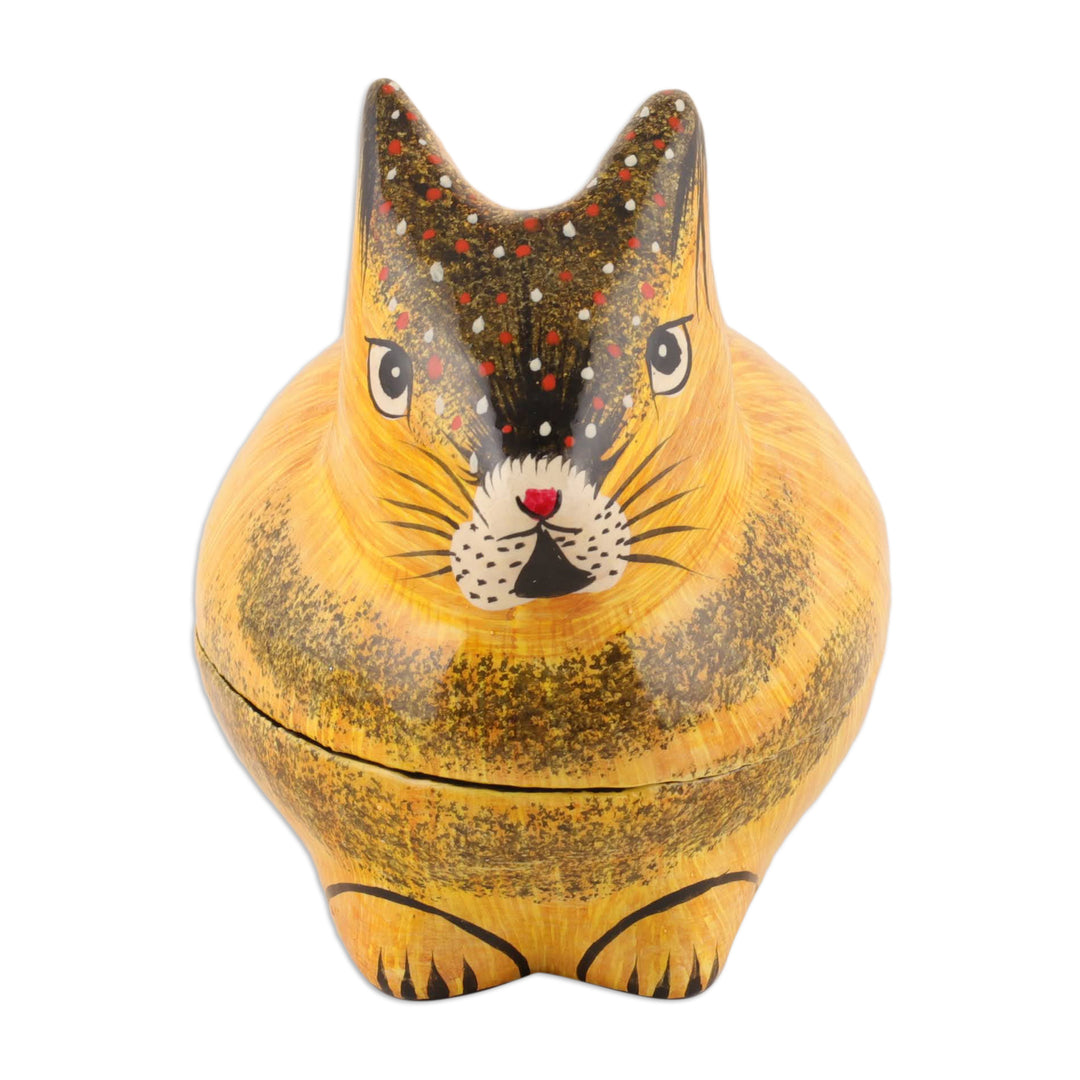 Hand-Painted Papier Mache Rabbit Decorative Box from India - Orange Rabbit