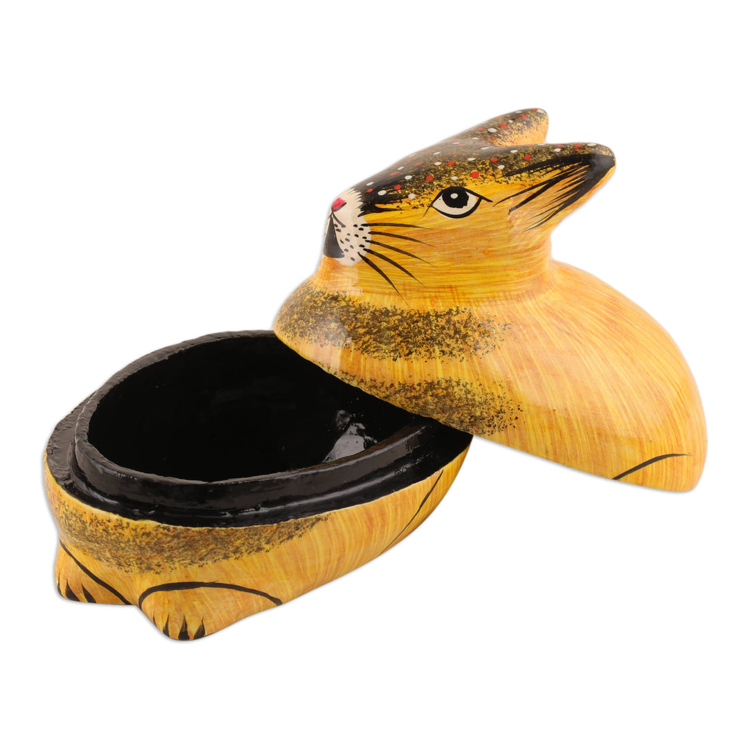 Hand-Painted Papier Mache Rabbit Decorative Box from India - Orange Rabbit