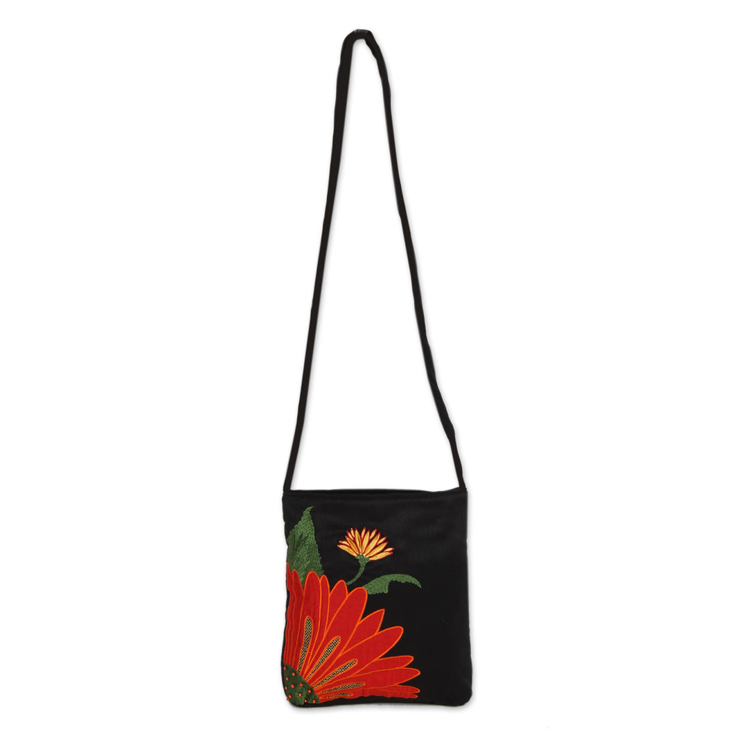 Embroidered Floral Cotton Sling Handbag from India - Lovely Blossom