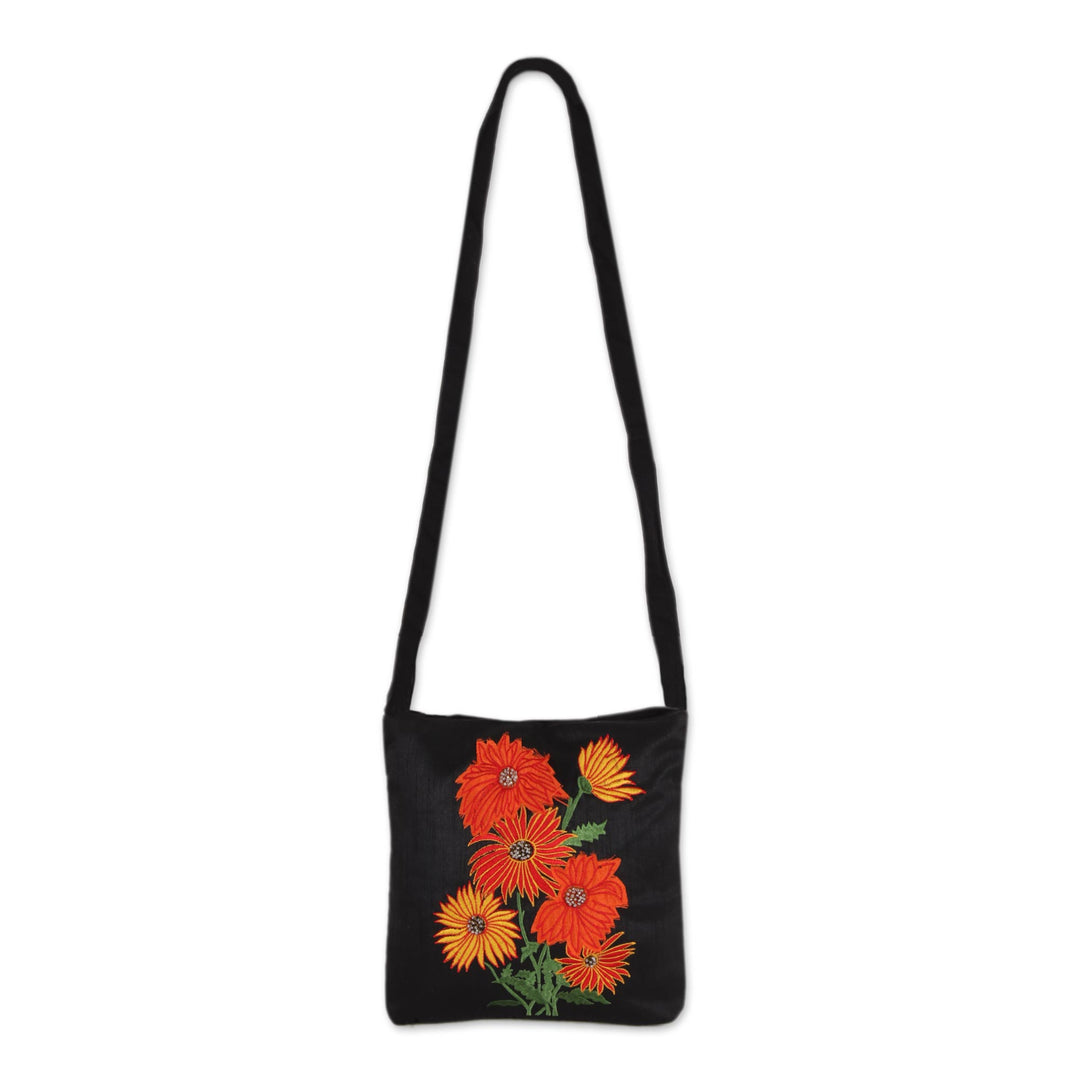Embroidered Floral Sling Handbag from India - Vibrant Blossom