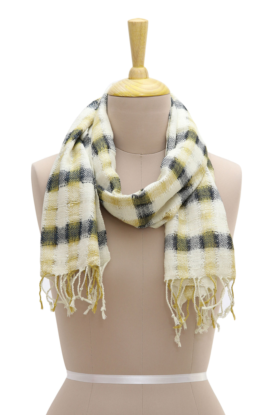 Hand Woven Yellow and Blue Checkered Silk Scarf from India - Delightful Checks in Yellow