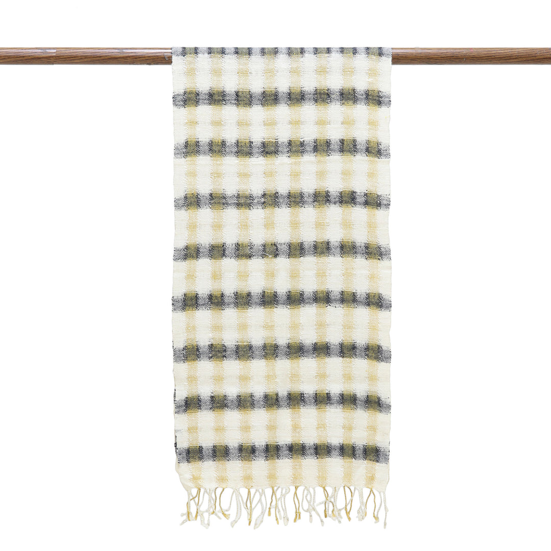 Hand Woven Yellow and Blue Checkered Silk Scarf from India - Delightful Checks in Yellow