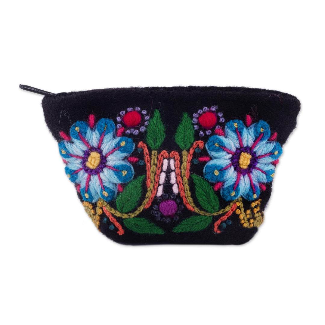 Floral Embroidered Alpaca Blend Coin Purse from Peru - Peruvian Shopper