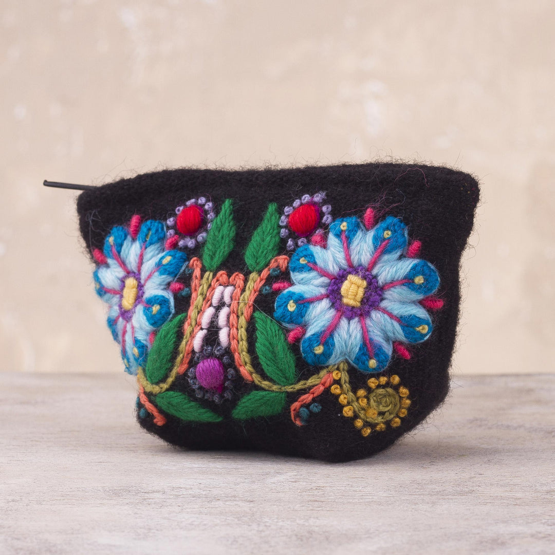 Floral Embroidered Alpaca Blend Coin Purse from Peru - Peruvian Shopper