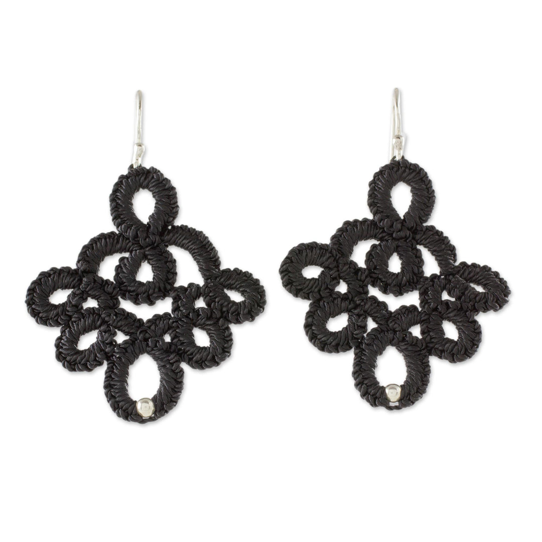 Hand-Tatted Black Lace Earrings with Silver Accents - Ebony Lace