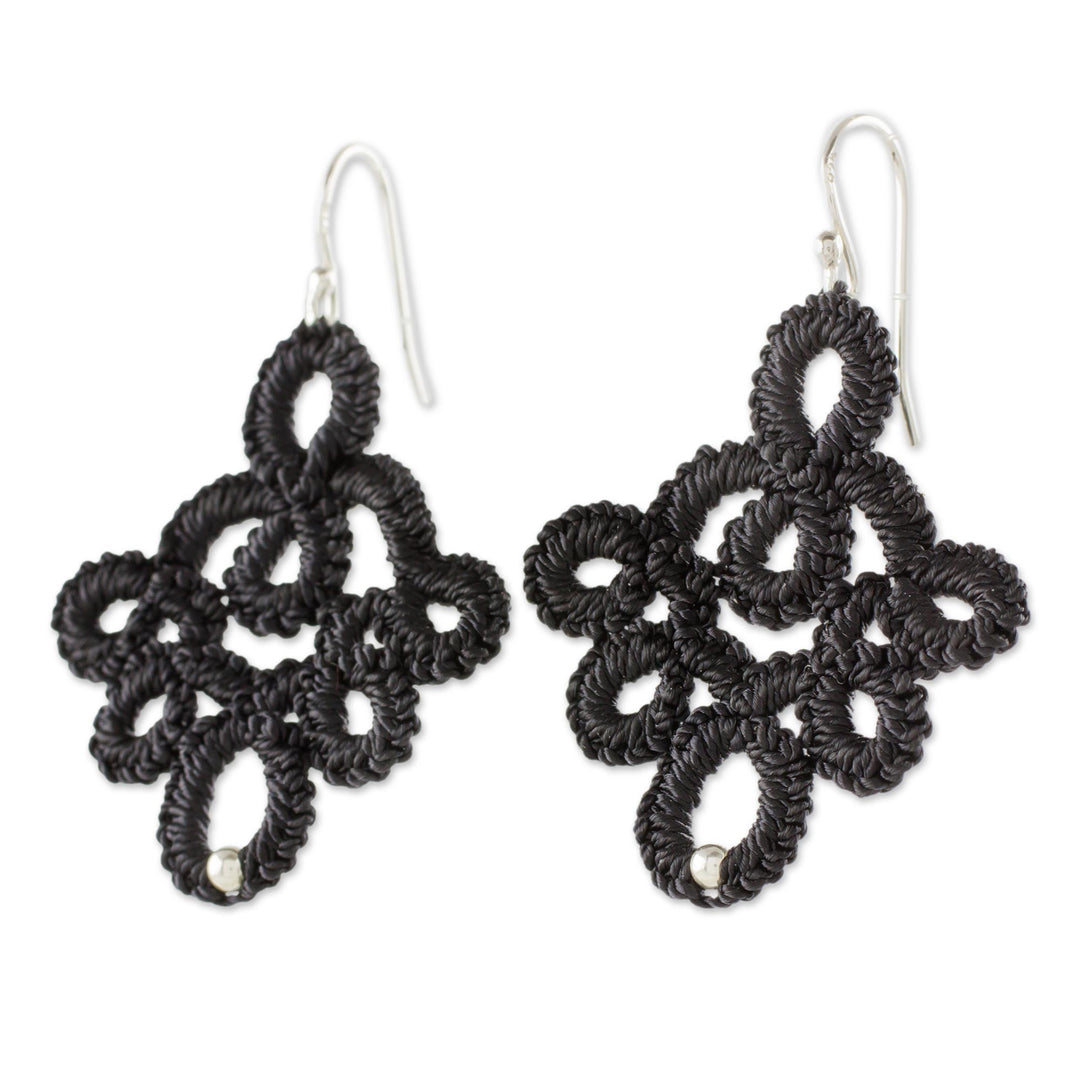 Hand-Tatted Black Lace Earrings with Silver Accents - Ebony Lace