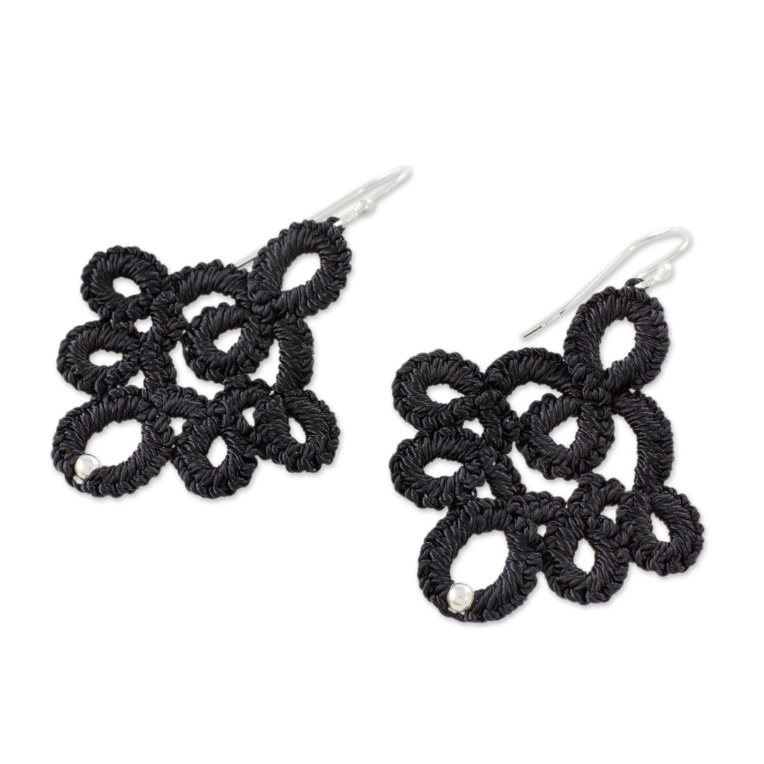 Hand-Tatted Black Lace Earrings with Silver Accents - Ebony Lace