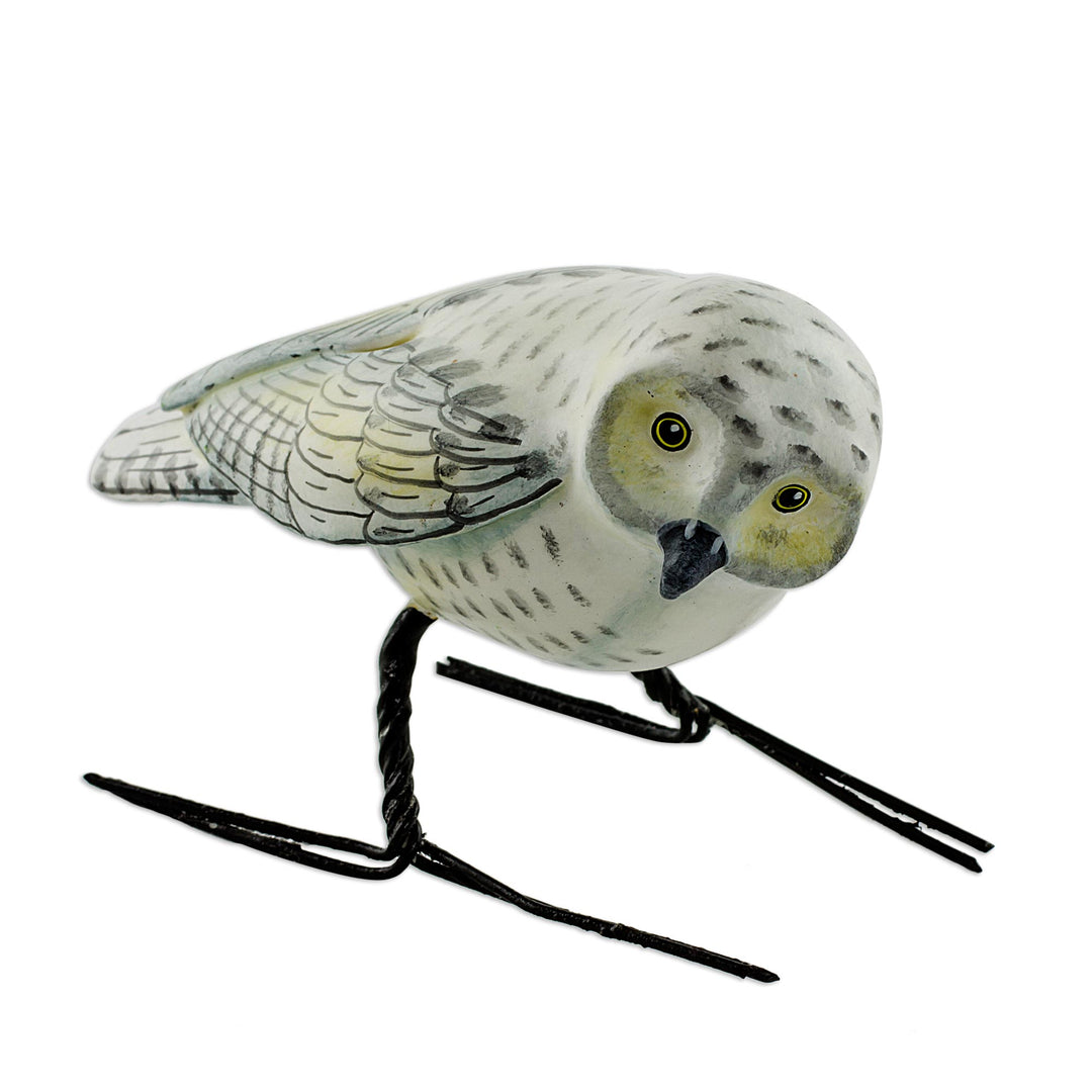 Hand Painted Snowy Owl Ceramic Bird Figurine from Guatemala - Snowy Owl