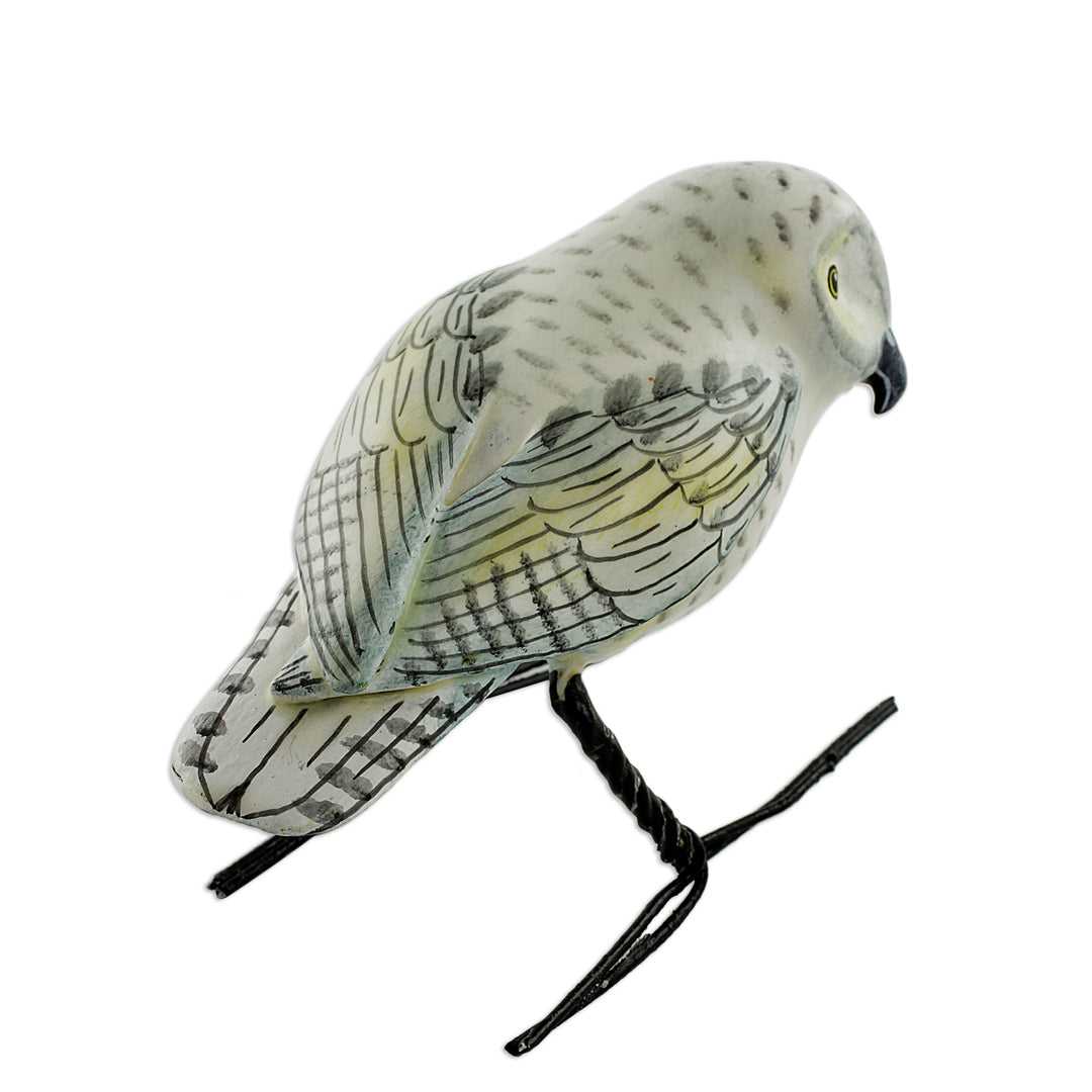 Hand Painted Snowy Owl Ceramic Bird Figurine from Guatemala - Snowy Owl