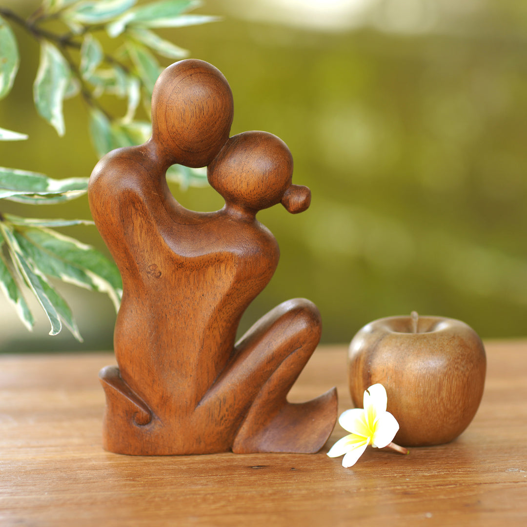 Hand Carved Romantic Suar Wood Statuette from Bali - Love's Bond