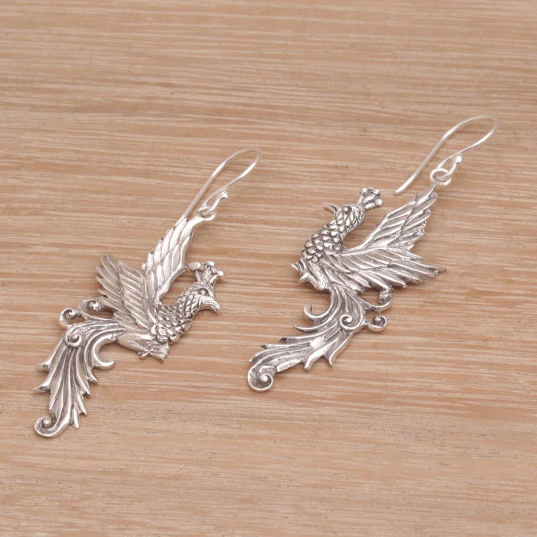 Peacock Motif Sterling Silver Dangle Earrings - Merak Majesty