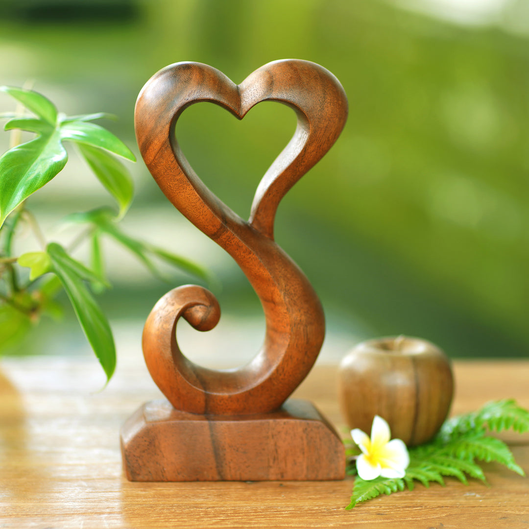 Hand Crafted Suar Wood Open Heart Statuette Home Decor - Tangled Love