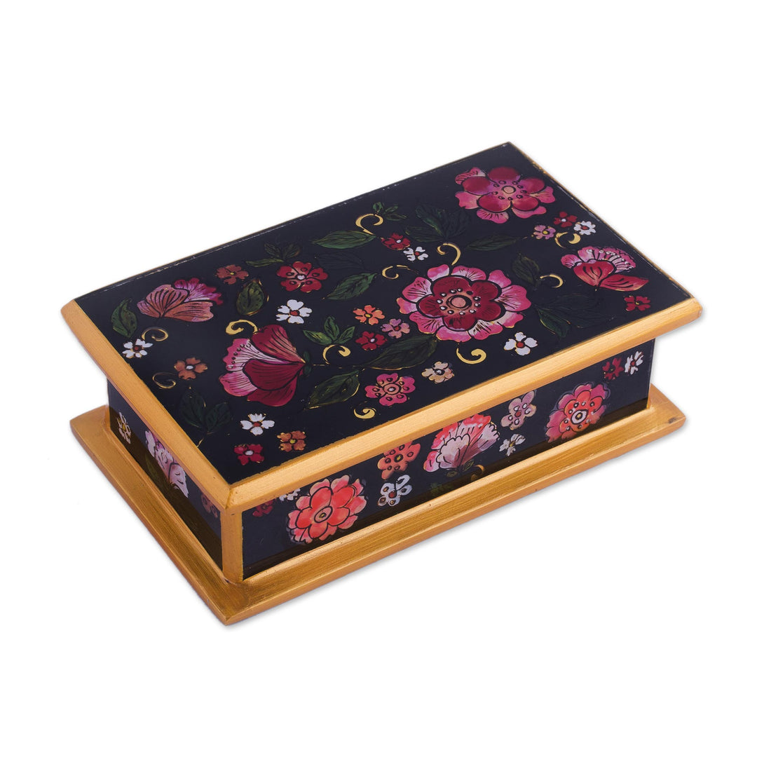 Reverse-Painted Glass Decorative Box in Black from Peru - Colonial Bouquet