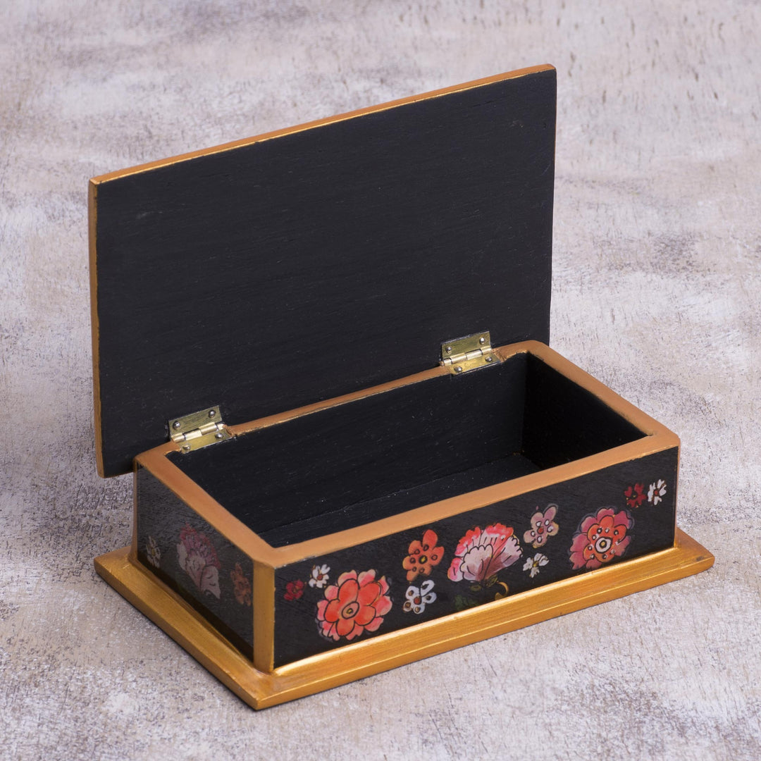 Reverse-Painted Glass Decorative Box in Black from Peru - Colonial Bouquet
