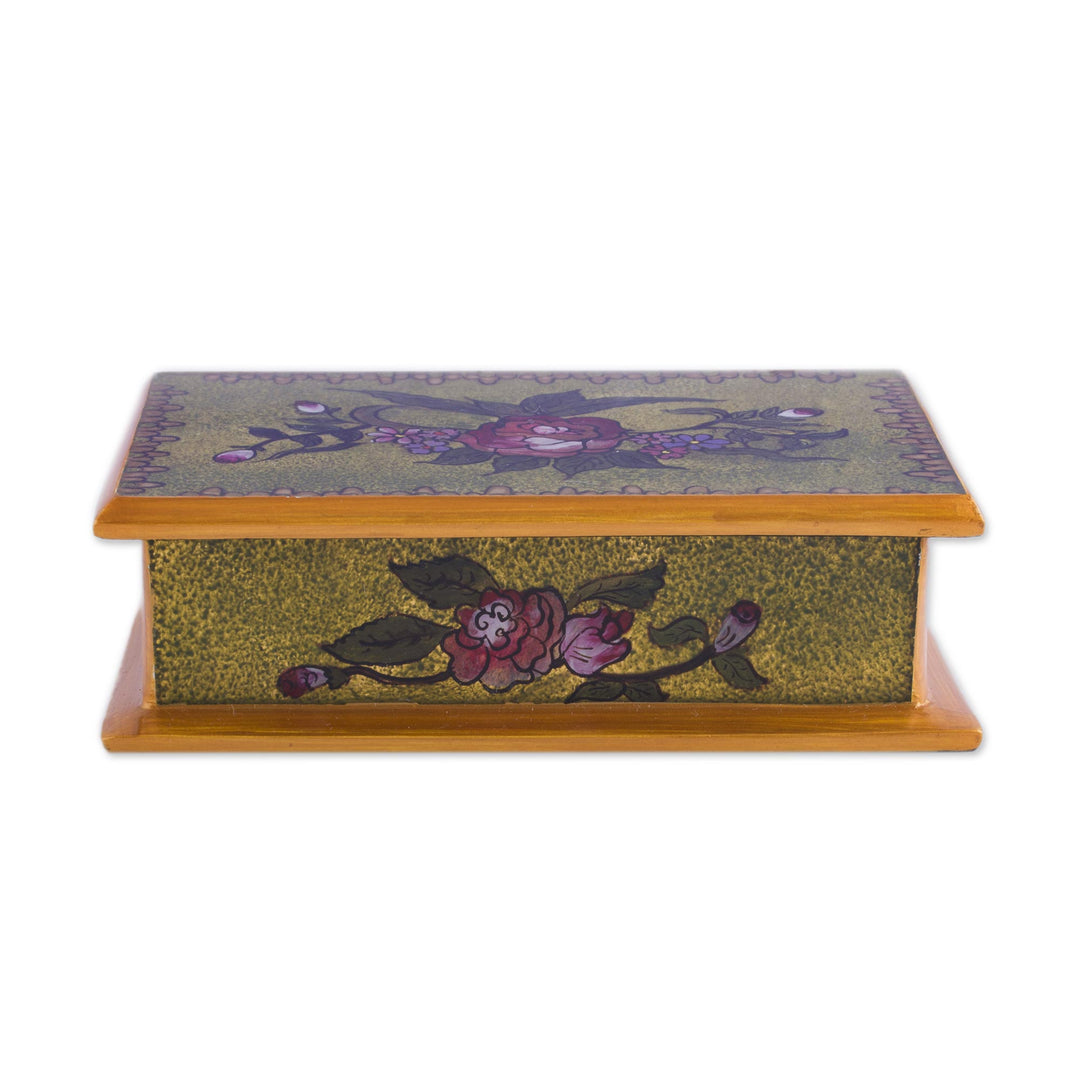 Reverse Painted Glass Decorative Box in Green from Peru - Green Garden