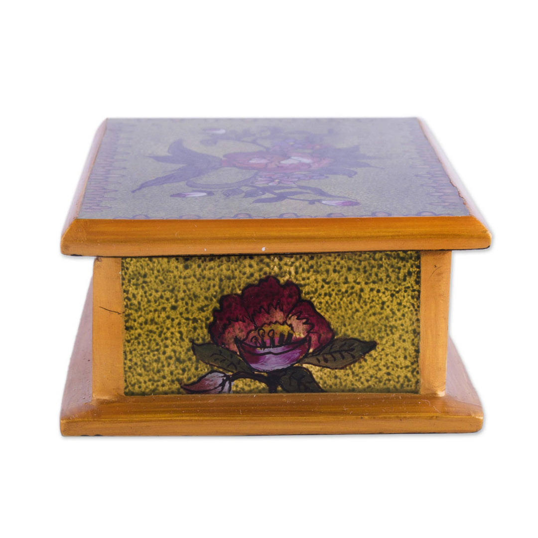 Reverse Painted Glass Decorative Box in Green from Peru - Green Garden